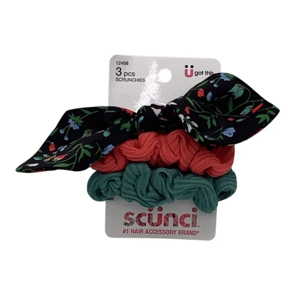 Scünci 3 Pcs‎ U Got This Hair Scrunchies W/ Floral Bow Coral & Teal Colors 12498